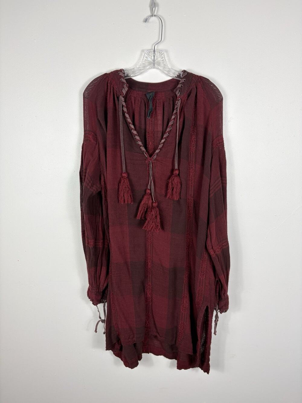 Free People Romantics Tunic Dress Women’s Medium Burgundy Gauzy Boho Peasant